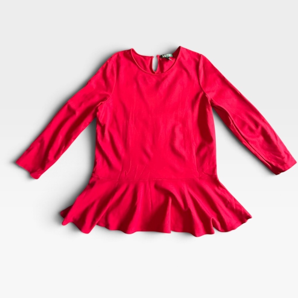 Lauren Ralph Lauren Red Long Sleeve Peplum Knit Top Large